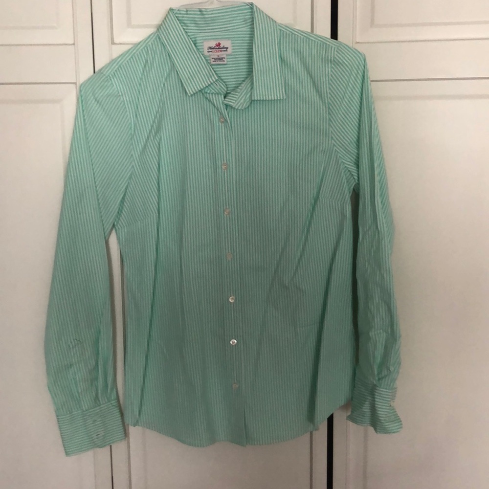 J-crew green and white striped button down